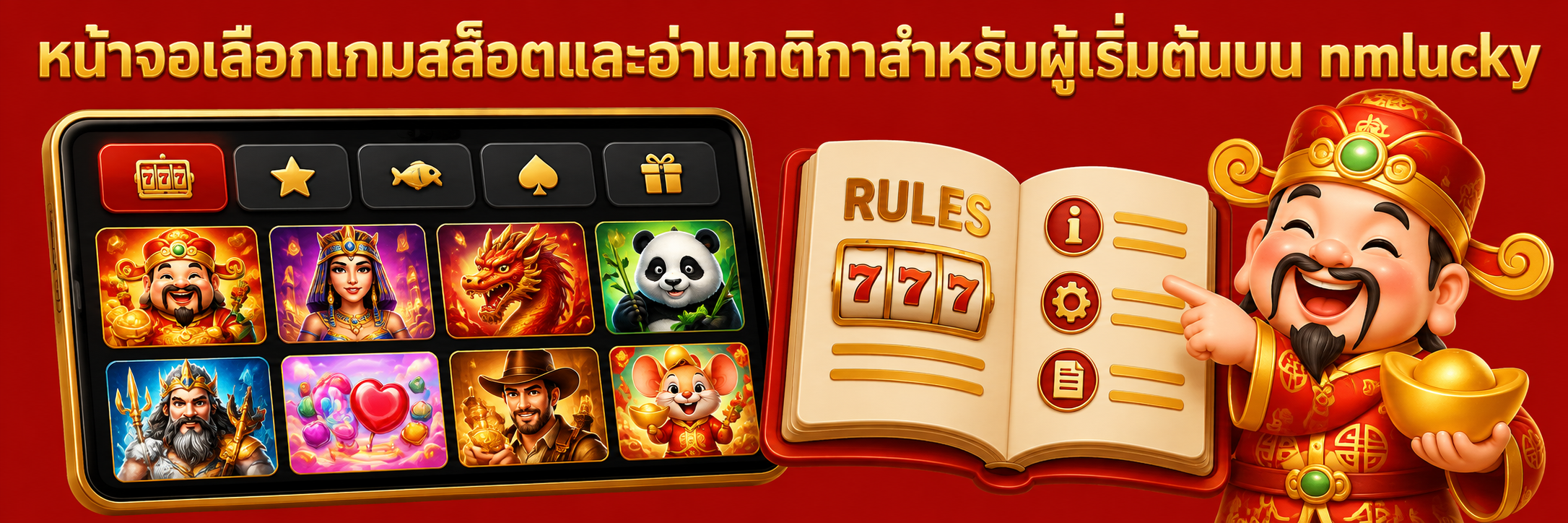 หน้าจอเลือกเกมสล็อตและอ่านกติกาสำหรับผู้เริ่มต้นบน nmlucky